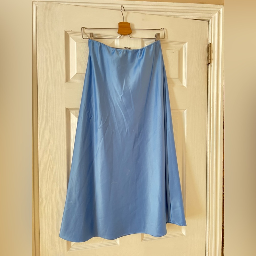 Midi A-line, Satin-like Skirt-Powder Blue